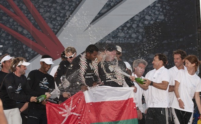 Victorious Oman Air at the top of the Act 1 podium - Extreme Sailing Series 2012. Act 1 © Lloyd Images http://lloydimagesgallery.photoshelter.com/